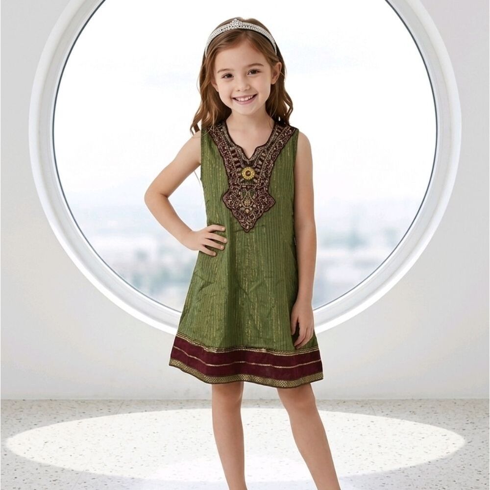 Girls Indian Party Dress 5T Green Gold Embroidered Churidar Gown Bollywood Dress